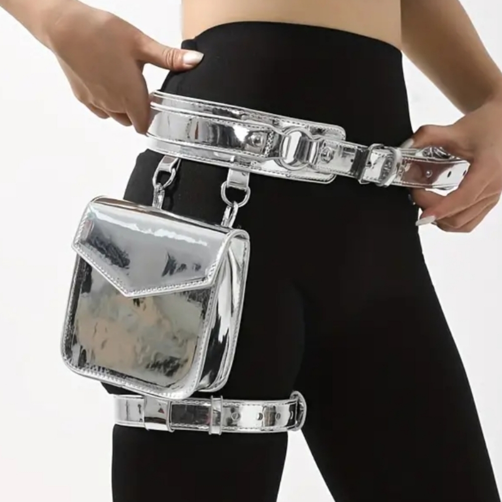 Waist Small Punk, Gothic Everyday Silver PU Leather Bag
